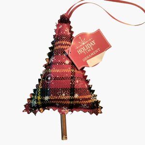 Snowflake Plaid  Christmas Tree Ornament Red Black  Fabric Ribbon Hanger